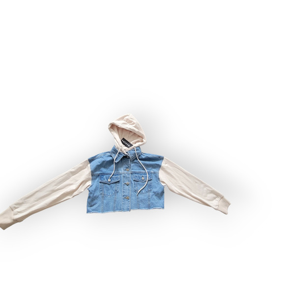 Blue Blush Detachable Hoodie Crop Contrast Cream Sleeves Denim Jacket Sz Small - Picture 7 of 10